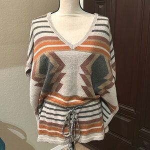 Aztec Wool Blend Poncho with Tied Waist